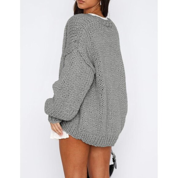 Womens Trendy Cardigan Sweaters Light Grey Long Sleeve Chunky Knit Outfits - Picture 2 of 8